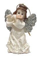 Ангел с флейтой  белый, игрушка на елку с блестками (10х6 см)