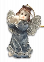 Ангел с флейтой синий, игрушка на елку с блестками (10х6 см)