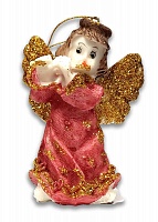 Ангел с флейтой  бордовый, игрушка на елку с блестками (10х6 см)