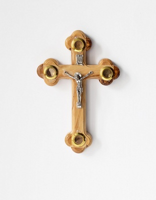 Крест деревянный с частицами святынь (оливковое дерево, 14х10 см)