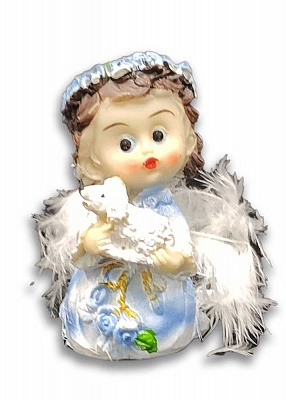 Ангел с овечкой голубой, перьевые крылья. Фигурка сувенир (7х4 см)