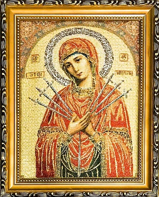 Икона Пресвятой Богородицы Семистрельная на мягкой подложке (гобелен 28Х22)